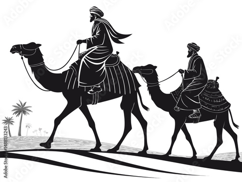 Desert Caravan Silhouette with Camel Riders