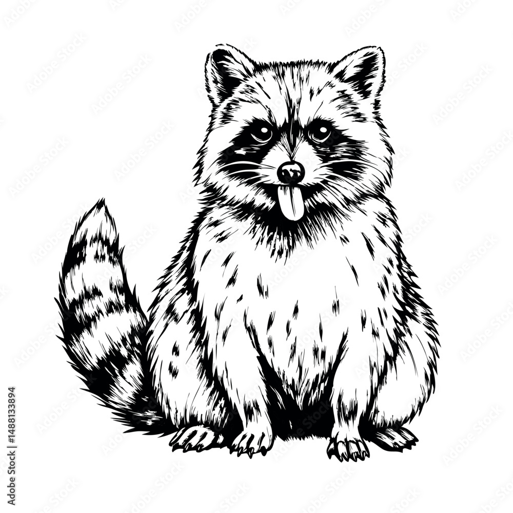 Obraz premium Sitting raccoon with tongue out in playful vintage engraving style
