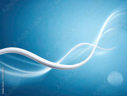 Abstract glowing white wave on blue background creates smooth flowing dynamic design with light effects and soft curves