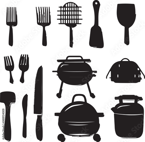 Black and White BBQ Grill Tools Vector Illustration: Forks, Spatula, Knife, Meat Tenderizer, Grills, and Propane Tank Clipart for Summer Cookouts