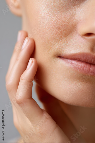 Soft smooth skin close up with hand touching face, showing natural texture and healthy complexion in gentle lighting