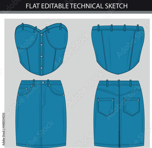 Flat Editable Technical Sketch of a Denim Corset Top and Skirt