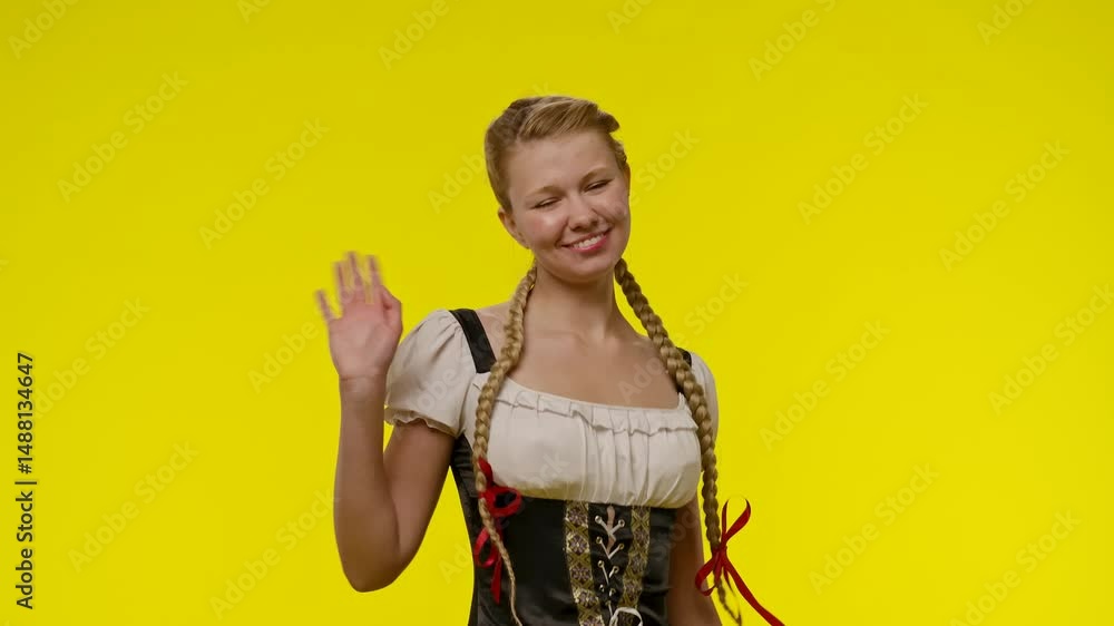 Young Woman in Traditional Costumed Dress with Yellow Background Young Woman in Traditional Costumed Dress with Yellow Background