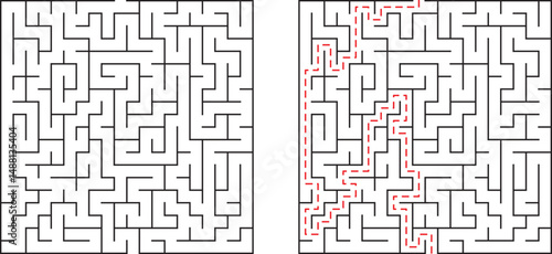 A complex maze solved and unsolved illustrating the path and solution concept