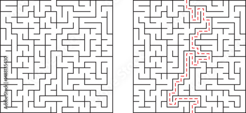 A challenging maze concept with the solution path marked in red for easy understanding