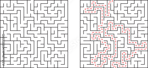 Complex black and white maze puzzle with solved path showing the correct solution