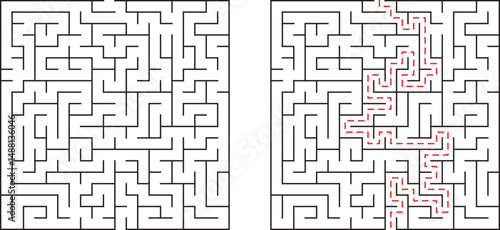 Simple maze with solved path and blank maze for problem solving and conceptual ideas