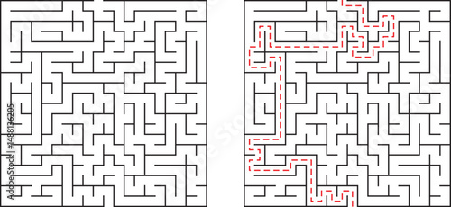 Solving a complex maze illustration showing path and solution on white background