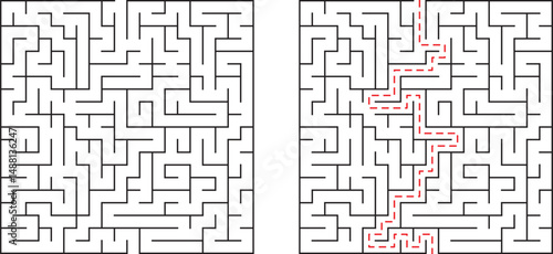 A complex maze illustration featuring unsolved and solved paths against a white background