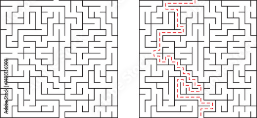 Complex maze with solution illustrating problem solving and pathway navigation clearly defined