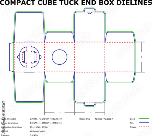 Detailed die-cut template for a compact cube tuck end box with dimensions and measurements