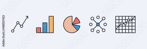 Abstract icon sheet of line, bar, pie, scatter, and area graphs – Great for data visualization, report graphics, or tech design projects