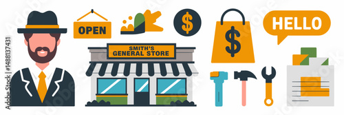 Small business owner icons with storefront and tools – Great for startup branding, business strategy materials, or retail content