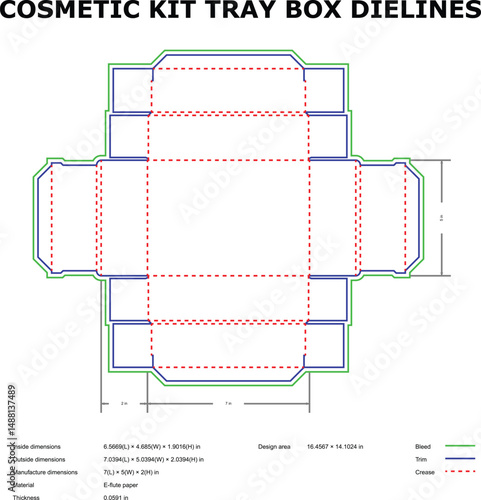 Vector illustration of cosmetic kit tray box dielines with dimension specifications for packaging