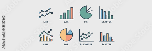 Colorful graph icon sheet featuring line, bar, pie, scatter, and combination chart with label – Great for business templates, educational infographics, or UI kits