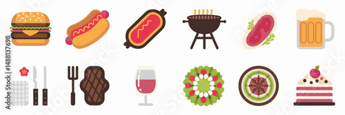 Barbecue party icon set with grilled food and drinks – Ideal for summer cookout promotions, food blogs, or event flyers