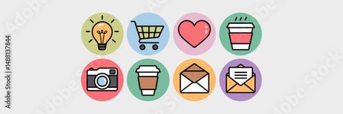Wallpaper Mural Minimalist icons of light bulb, shopping cart, heart, coffee cup, camera, and envelope in a circle – Great for UI/UX design, branding kits, or infographic resources Torontodigital.ca