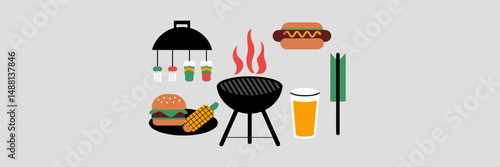 BBQ party icons with smoking grill and plated food – Perfect for recipe cards, cookout invites, or grilling content