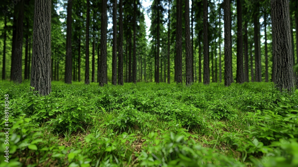 Fototapeta premium Lush Green Forest Floor with Tall Pine Trees