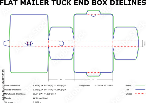 Flat mailer tuck end box dielines with dimensions and measurement information