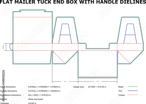 Detailed flat mailer tuck end box packaging design template with handle and dielines