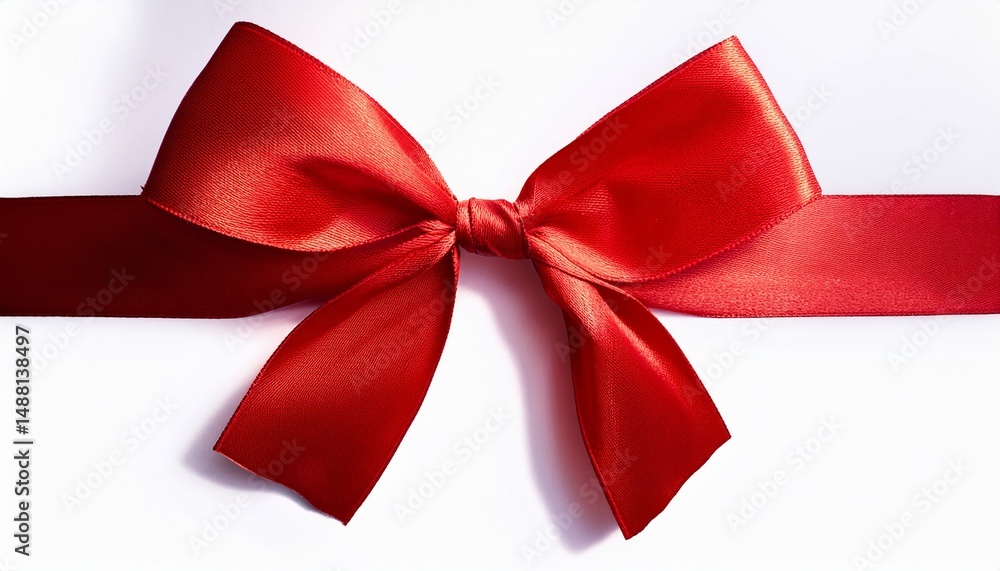 Fototapeta premium a large red ribbon bow on the left of a long straight piece of ribbon to be used as a birthday or christmas banner border isolated against a transparent background