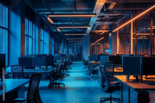Modern open-plan office interior at night with moody lighting, wooden desks, and minimalist design in a dark loft building setting.