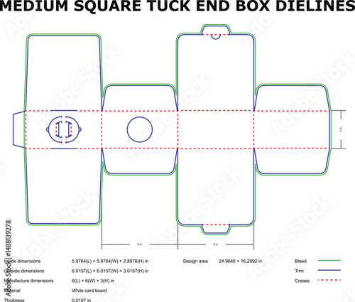 Technical diagram of a medium square tuck end box dieline for packaging design