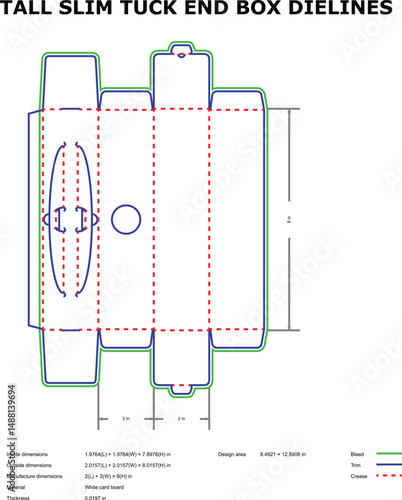 Detailed diagram of a tall slim tuck end box dieline with dimensions for packaging design