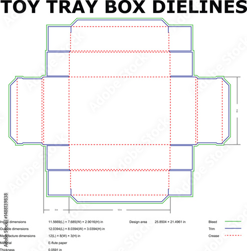 Detailed vector diagram of a toy tray box dielines packaging design template