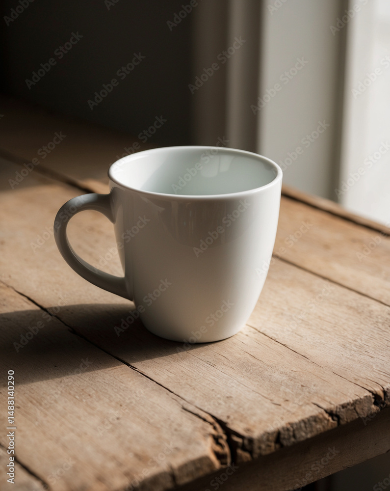 Ceramic mug on wooden table in natural light Ceramic mug on wooden table in natural light