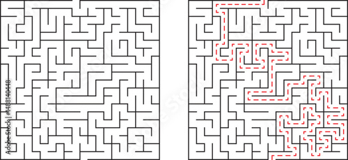 Complex maze solved showing the path through a challenging puzzle with red lines