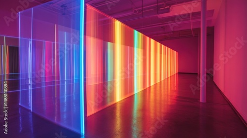 Colorful Light Installation in an Art Gallery Featuring Vibrant Neon Stripes and Ethereal Reflections on a Modern Floor