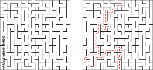 Complex black and white maze puzzle showing a solution path for conceptual problem solving