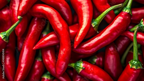 Wallpaper Mural Fresh red chili peppers piled together in close-up view, vibrant spicy vegetables with green stems and glossy texture
 Torontodigital.ca