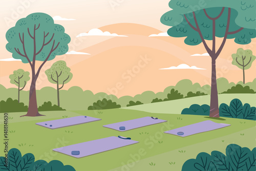 Serene outdoor yoga session in a lavender-filled park; peaceful atmosphere, sunlight, mindful poses.