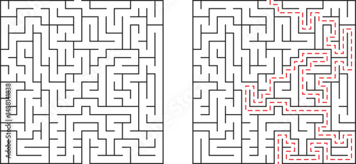 Maze with solution path shown illustrating problem solving and strategic thinking concepts