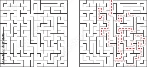 Complex maze game illustration with solution path highlighted in red dashed lines