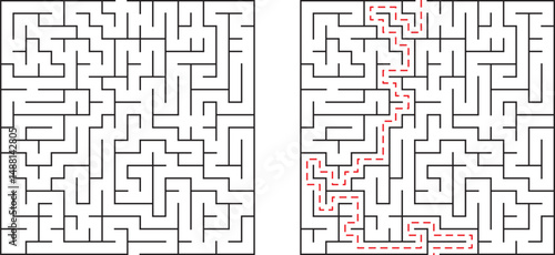Illustration of a complex maze with a solved path marking the solution clearly