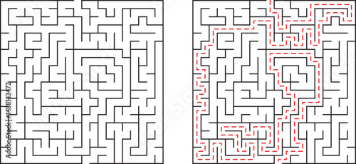A complex square maze with solution path for strategy challenge and puzzle solving