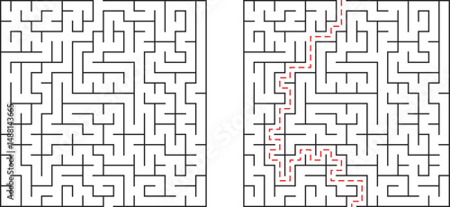 A challenging maze with solved path illustrating a solution and problem solving concept
