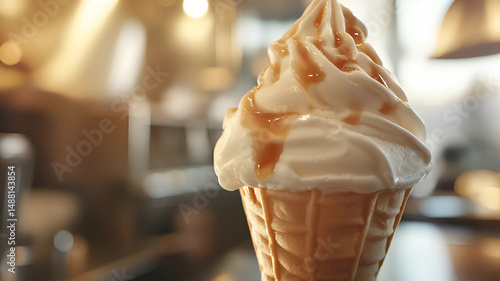 Ice cream cone with caramel syrup, waffle cone, blurred background