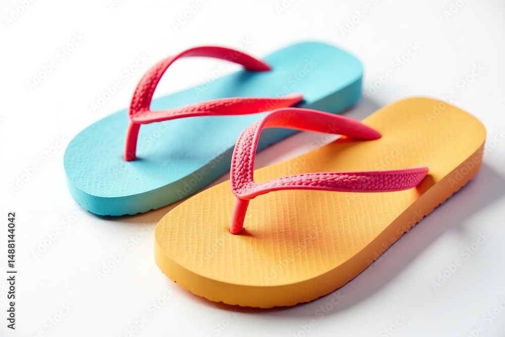 Close-up view of a colorful flip-flop, isolated against white backdrop , vibrant colors, product shot Close-up view of a colorful flip-flop, isolated against white backdrop , vibrant colors, product shot