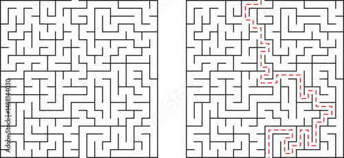 Maze puzzle with solution path illustrated demonstrating problem solving and strategy concepts