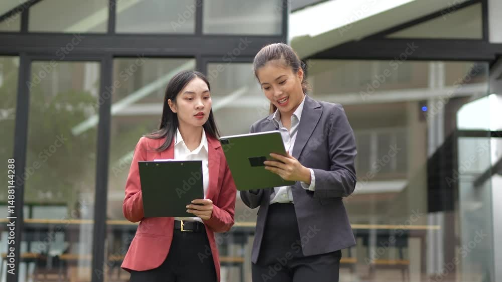 Two Asian businesswomen discussing a project on a tablet in front of a modern business building. Businesspeople working together. Two Asian businesswomen discussing a project on a tablet in front of a modern business building. Businesspeople working together.