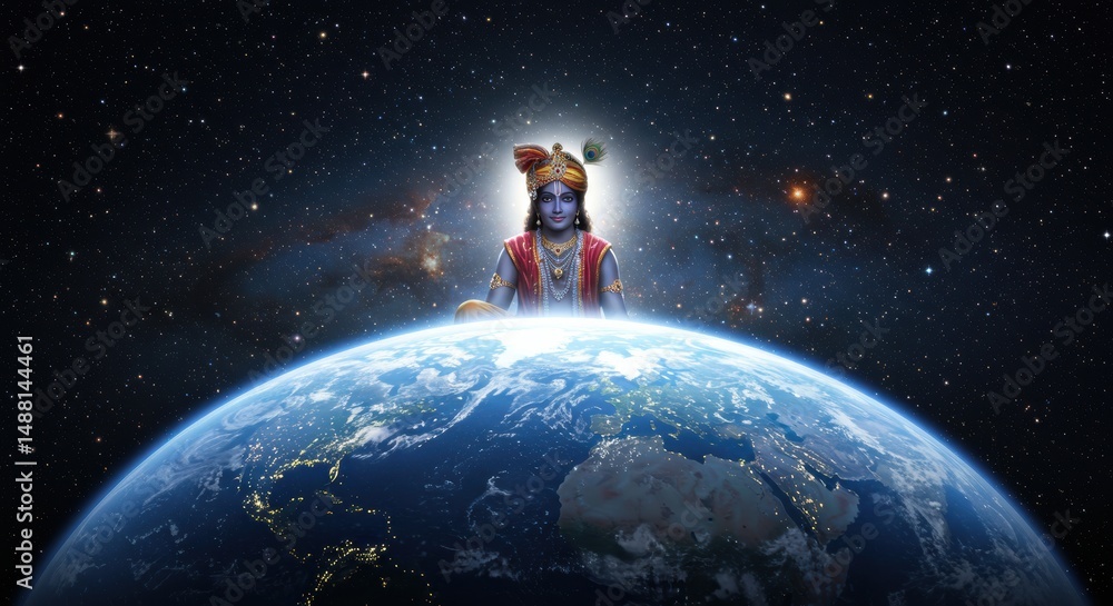 Naklejka premium Divinity Over the Earth Celebrating Cosmic Spiritual Connection in a celestial setting with a cosmic deity overlooking the planet from space
