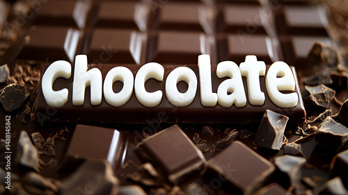 A chocolate bar with the word chocolate written on it in white letters