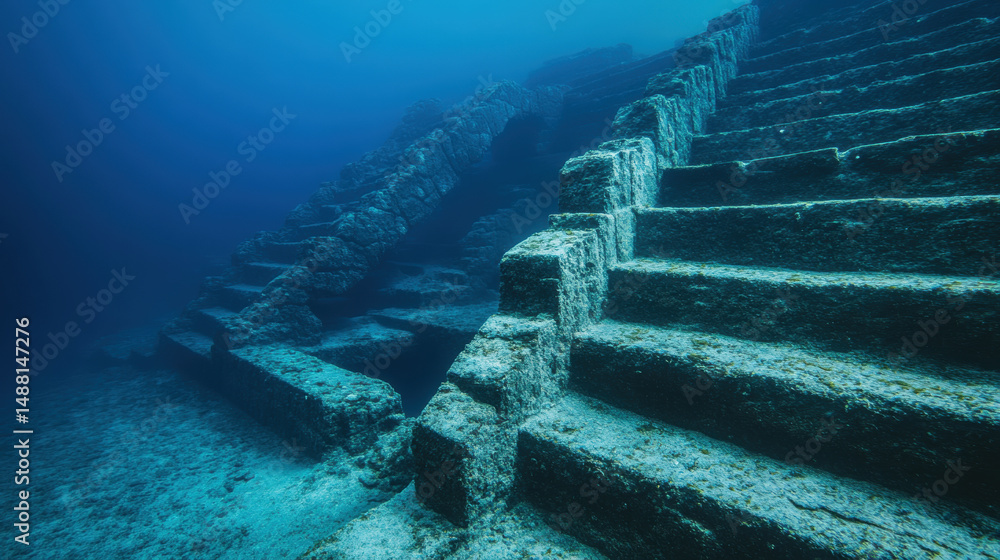 Fototapeta premium Ancient underwater stone staircase with mysterious atmosphere in deep blue ocean exploration scene