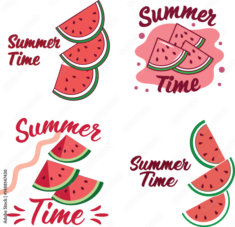 Four summer time themed designs featuring watermelon slices and stylized summer time text elements Four summer time themed designs featuring watermelon slices and stylized summer time text elements