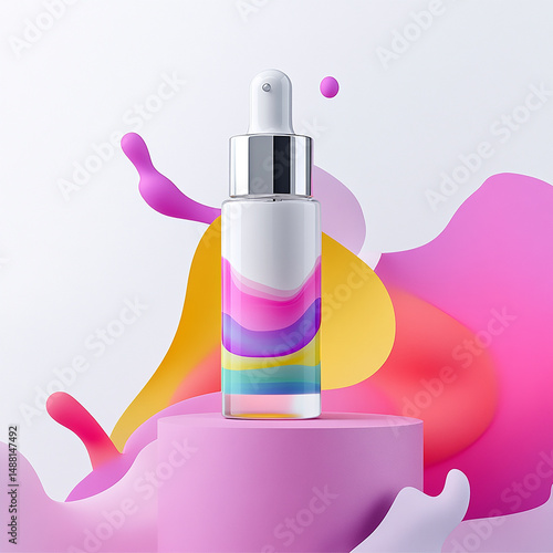 Colorful Serum Bottle on Abstract Background – Product Mockup

